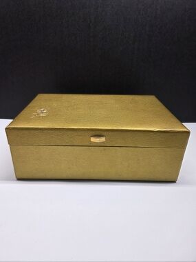 Buxton MCM 60s Gold Vinyl Jewelry Box Yellow Velvet Interior 2 Tier Storage